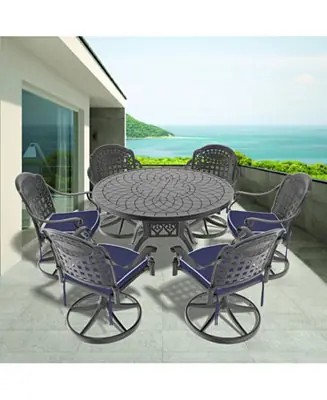 Streamdale 7-Pc Cast Aluminum Dining Set, 6 Swivel Chairs, 47" Round Table, Black Frame Latest