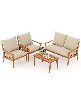 Crafted Set of 4 Patio Acacia Wood Furniture Set w/ Soft Cushions & Coffee Table