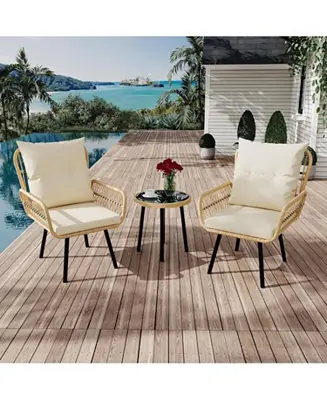 3 Piece Patio Bistro Set, Outdoor Wicker Conversation Set with Round Glass Top Coffee Table and Cushioned Chair, All-Weather Rattan Patio Furniture for Porch Balcony, Beige Top Rated