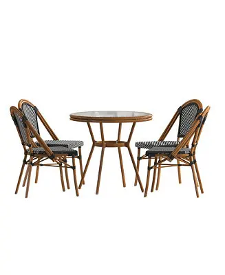 Hassle-Free Returns Sacha Bistro Style Table With Glass Top, Pe Rattan, 4 Stack Chairs, And Bamboo Finished Metal Frame For Indoor/Outdoor Use