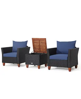 Professional Grade 3PCS Patio Rattan Conversation Furniture Set Yard Outdoor w/ Navy Cushions
