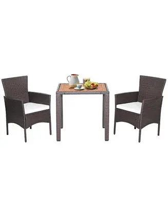 3 Pieces Patio Wicker Furniture Set wih Acacia Wood Table Top and Chair Cushiones Bulk Order