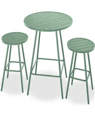 3-Piece Steel Patio Bar Height Round Bistro Set w/ Backless Stools, Slatted Design Mega Sale
