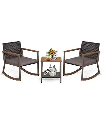 3 PCS Patio Rattan Rocking Chair Bistro Set Armrest Cushion Table with Storage Shelf Top Pick