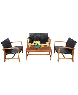 Original 4PCS Outdoor Patio Rattan Furniture Set Acacia Wood Frame Sofa Loveseat Garden