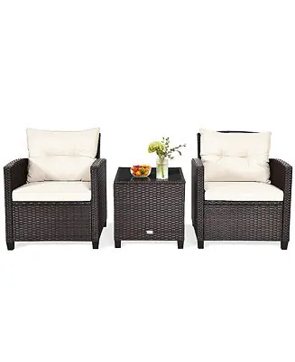 3PCS Patio Outdoor Rattan Conversation Set Garden Yard w/ Cushions Coffee Table Warranty Included