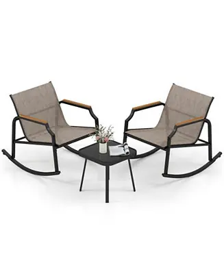 Outdoor 3-Piece Rocking Chair Bistro Set with Armrests and Glass-Top Coffee Table – Ideal for Porch or Garden Authentic