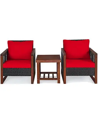 3PCS Rattan Wicker Patio Conversation Set Outdoor Furniture Set w/ Red Cushion Buy Online