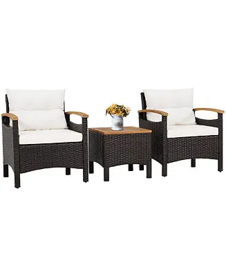 3PCS Patio PE Rattan Conversation Furniture Set Bistro Set Acacia Wood Tabletop Shop Now