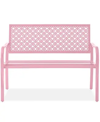 Indoor Outdoor Steel Garden Bench w/ Geometric Backrest, Foot Levelers High Quality