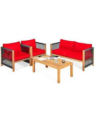4PCS Acacia Wood Outdoor Patio Furniture Conversation Set W/ Red Cushions Fast Shipping