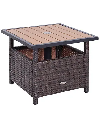 22'' Rattan Wicker Side Table with Steel Frame, Umbrella Insert Hole, Sand Bag for Outdoor, Patio, Garden, Backyard, Brown While Supplies Last