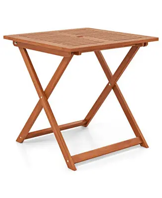 Patio Dining Table with Teak Finish and Umbrella Hole for Outdoor Meals Shop Now