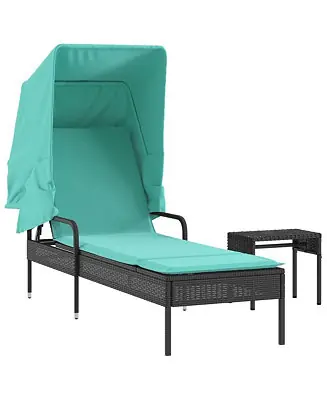 Sun Lounger with Canopy and Table Black Poly Rattan Luxury