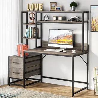 Discount 55 Inch Computer Desk with 2 Drawers and Storage Shelves, Rustic Office Desk with Hutch, Study Writing Gaming Table Laptop Workstation