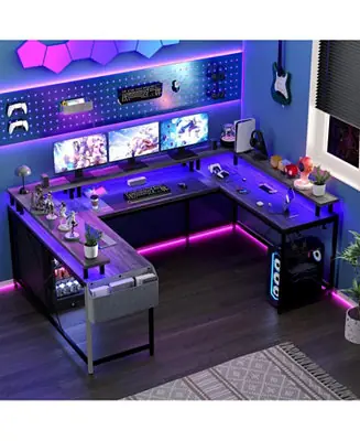 78" Wooden Power Outlets & RGB LED, Reversible L-Shaped Home Office Desk with Storage U-Shaped Gaming Computer Desk Editor’s Pick