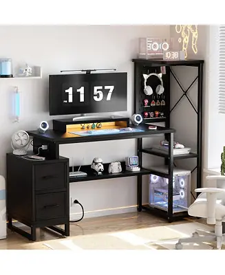 Special Offer Gaming Desk with 2 Fabric Drawers and LED Lights, Reversible Computer Desk with Outlets & DIY Pegboard