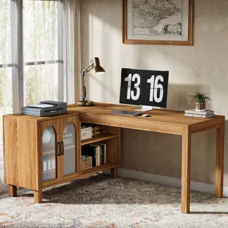 59-Inch L Shaped Computer Desk with Cabinet, Farmhouse Corner Desk with Storage Shelves, L Shaped Executive Desk, Long Writing Desk for Home Office, Gaming Best Price