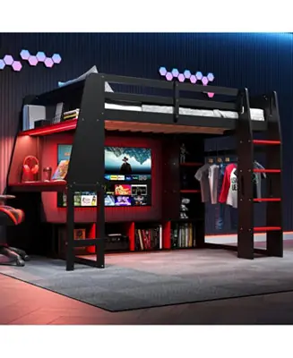 Limited Offer Streamdale Wood Gaming Loft Bed w/ Desk, Shelves, LED, Rack, Black