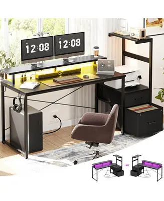 Factory Price Gaming Desk with Outlets and LED Light, 59'' Reversible Computer Desk with File Drawers & Monitor Stand