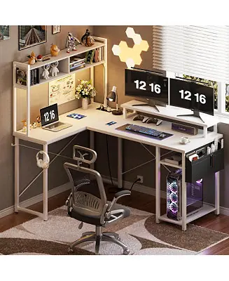 49'' Small L Shaped Desk with Hutch, Reversible Computer Gaming Desk with Outlet and LED Strip Limited Time