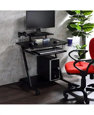 No Minimum Order Black Gaming Desk with Keyboard Tray and Wheels 28Inch Mobile Workstation with Storage Compartment for Ergonomic Gaming and Work Setups