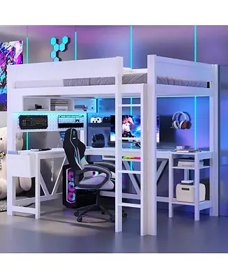 Premium White Wood Full Size Gaming Loft Bed Built In Desk Charging Station LED Lighting Storage Shelves Multifunctional Modern Living Space Furniture