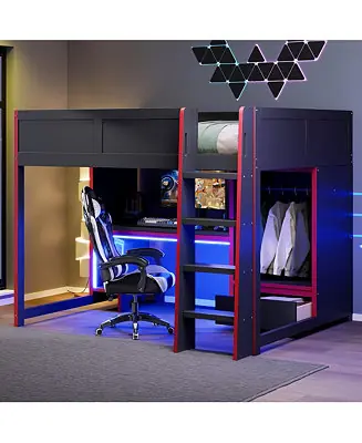 Wood Gaming Loft Bed with BuiltIn Desk Wardrobe and Storage Drawer LED Lighting Space Saving Furniture for Teens and Adults Bedrooms Sale