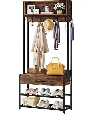 3-in-1 Entryway Hall Tree – Industrial Coat Rack with Shoe Bench, Drawer, Hutch & 9 Hooks for Bedroom or Living Room Genuine