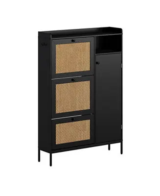 Factory Price Cabinet Rattan Shoe Natural Rattan Freestanding Shoe Cabinet with 4 Open Storage Side Cabinet, Hidden Wood Shoe Rack, Rattan Shoe Storage Cabinet, for Entryway, Living Room, Porch,Black