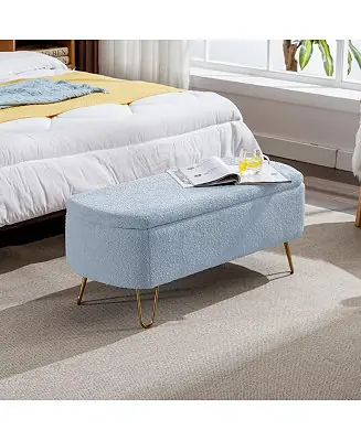 Modern Faux Fur Upholstered Storage Ottoman Bench with Metal Legs, Padded Seat for Entryway, Bedroom, or Hallway Fresh Stock