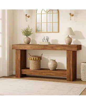 Original 63" Long Console Table for Entryway, Wood Farmhouse Console Table for Living Room, 2-Tier Large Table with Storage, Wooden Entryway Entry Table