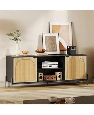 In Demand TV Stand for 75 inch TV, Entertainment Center with Storage, 65 Inch TV Console Table with Metal Legs, Rattan Media Console Cabinet with 2 Doors, Wooden TV Stands for Living Room, Bedroom