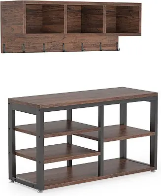 Industrial Hall Tree Shoe Rack and Bench Set, 5-in-1 Design with Coat Rack, 3 Storage Cubbies, and 7 Hooks for Entryway or Hallway High Quality