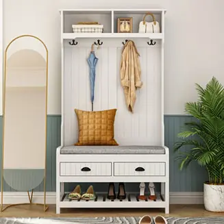 Fast Shipping 68.5 in. White Wood 3-in-1 Hall Tree Coat Rack Storage Bench with 4-Metal Double Hooks and 2-Drawers, Shelves