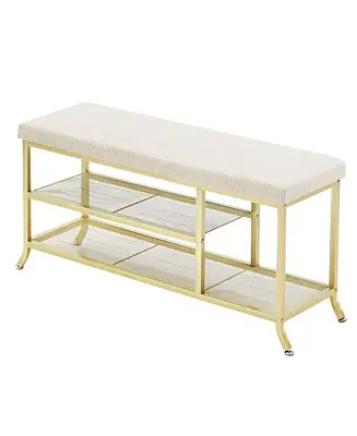 Shoe Storage Bench with Padded Seat, Shoe Rack Bench for Entryway, Shoe Storage Shelf with Metal Frame, 2-Tier Shoe Organizer Shelf for Hallway Bedroom Living Room Dorm Department, Gold Viral