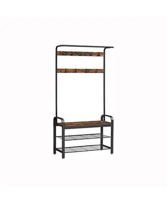 Trending Hall Tree With Shoe Bench For Entryway, Industrial Accent Furniture With Steel Frame
