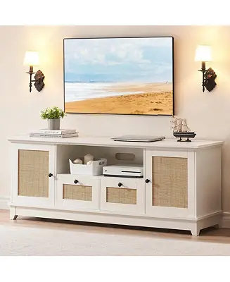 Rattan TV Stand for 65 inch TV,Modern Console Table with Storage for Living Room Secure Checkout