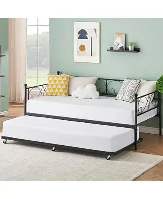 Twin Daybed with Trundle, Modern Metal Daybed with Classic Headboard, Steel Slat Support Sofa Bed for Bedroom, Living Room, Guest Room, No Box Spring Needed Low Price