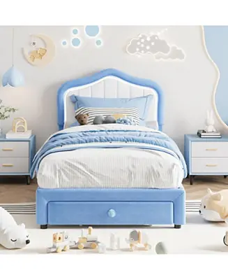 Twin XL Upholstered Bed Frame Storage Drawer Smart LED Headboard Princess Platform for Kids Girls Wooden Slats Blue White Get Yours