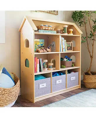 EdQ Dollhouse Bookshelf - Natural: Wood Kids' Pretend Play Furniture for Playroom and Classroom with Bins for Toys and Dolls Last Chance