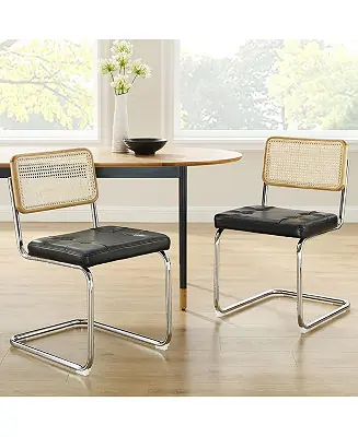 Set of 2 Rattan Dining Chairs Set Faux Leather Upholstered Mesh Back Cane Armless Chairs W/Chrome Metal Legs&Woven Backrest New Release