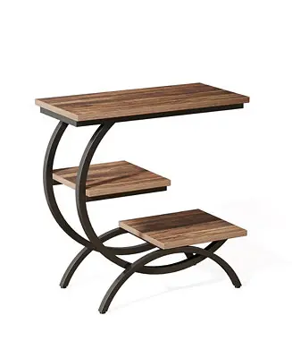 Big Sale 3-Tier Wood C-Shaped End Table with Storage Shelves, Metal Frame Side Table for Small Spaces