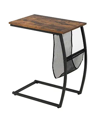 Authentic C-shaped Vintage End Table with Side Pocket and Metal Frame