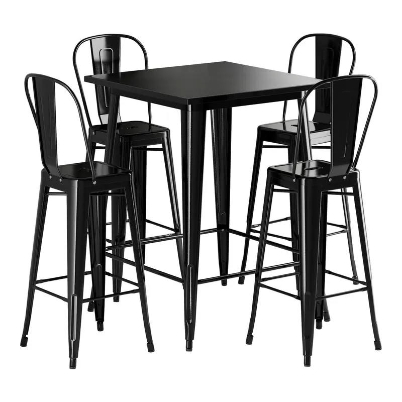 Professional Grade Lancaster Table & Seating Alloy 31 1/2" x 31 1/2" Onyx Black Bar Height Outdoor Table with 4 Cafe Barstools