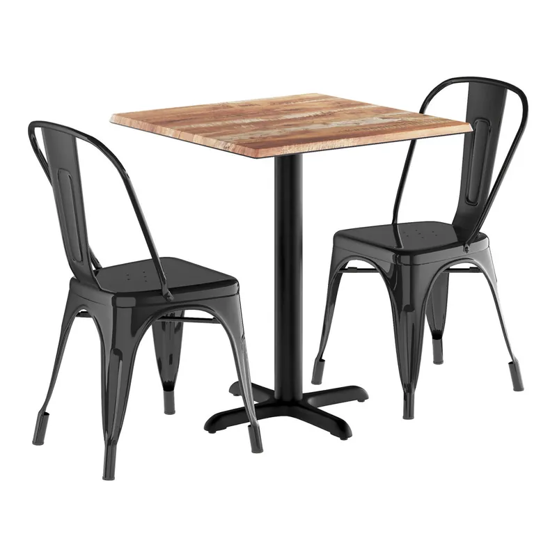 Lancaster Table & Seating Excalibur 27 1/2" x 27 1/2" Square Textured Yukon Oak Standard Height Table with 2 Alloy Onyx Black Outdoor Cafe Chairs Exclusive Offer
