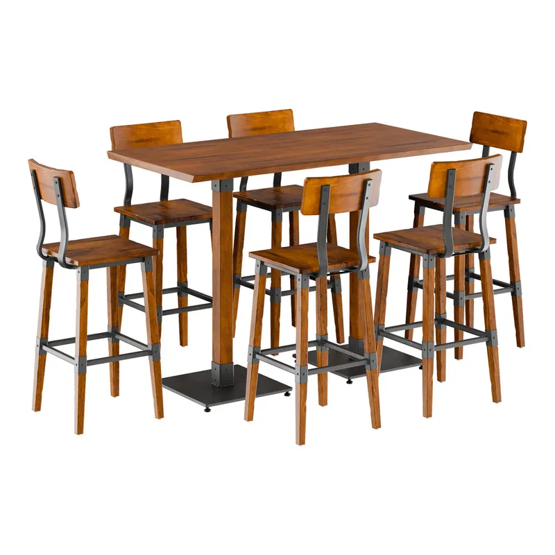 Lancaster Table & Seating Industrial 30" x 60" Rustic Walnut Finish Solid Wood Live Edge Bar Height Table with 6 Bar Stools Direct From Manufacturer