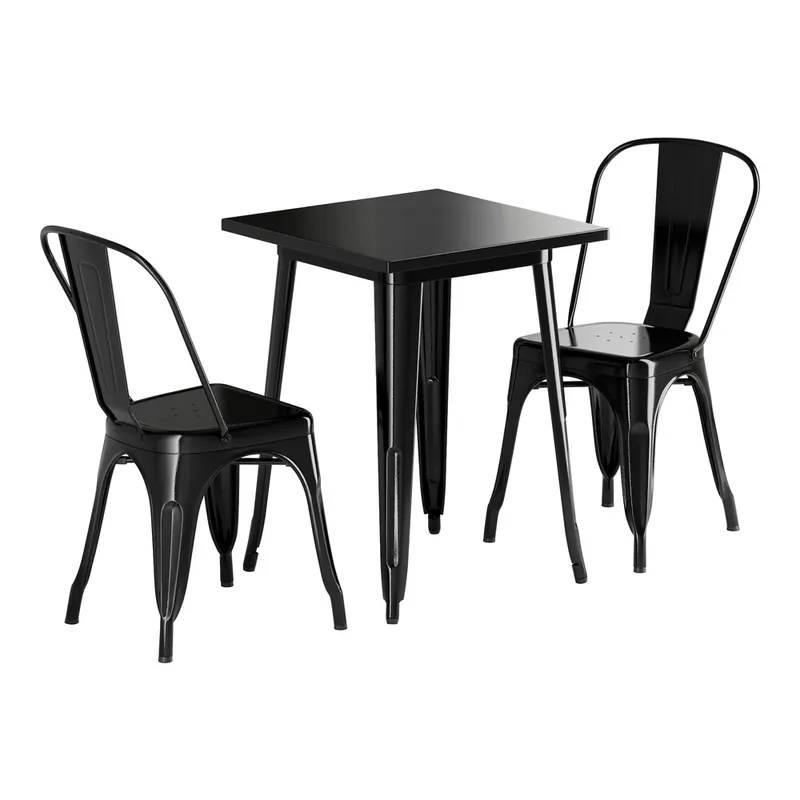 Fan Favorite Lancaster Table & Seating Alloy 23 1/2" x 23 1/2" Onyx Black Standard Height Outdoor Table with 2 Cafe Chairs