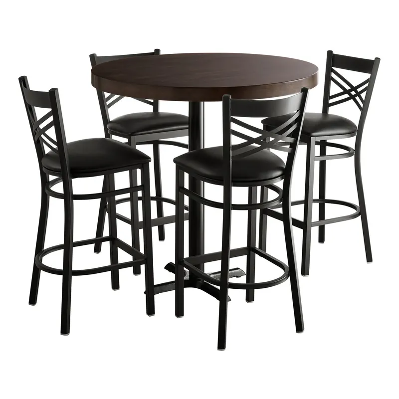 Lancaster Table & Seating 30" Round Bar Height Wood Butcher Block Table with 4 Cross Back Chairs - Espresso Weekend Sale