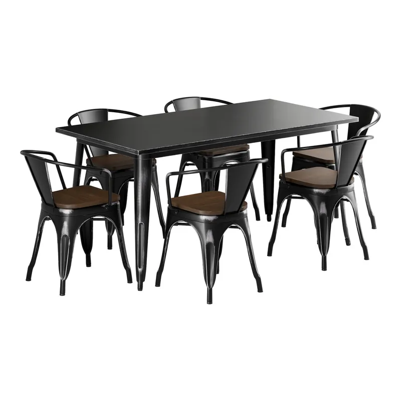 Lancaster Table & Seating Alloy 32" x 63" Distressed Onyx Black Standard Height Indoor Table and 6 Arm Chairs with Walnut Wood Seats Free Shipping
